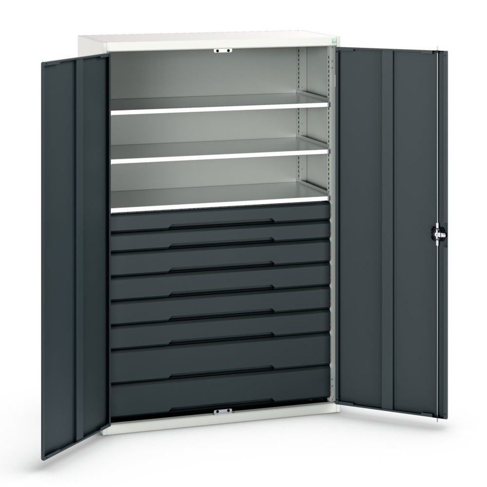 N° de l'image du produit 1 : bott Armoire à portes battantes avec tiroirs verso, avec 3 tablettes et 8 tiroirs, lxPxH : 1 300 x 550 x 2 000 mm