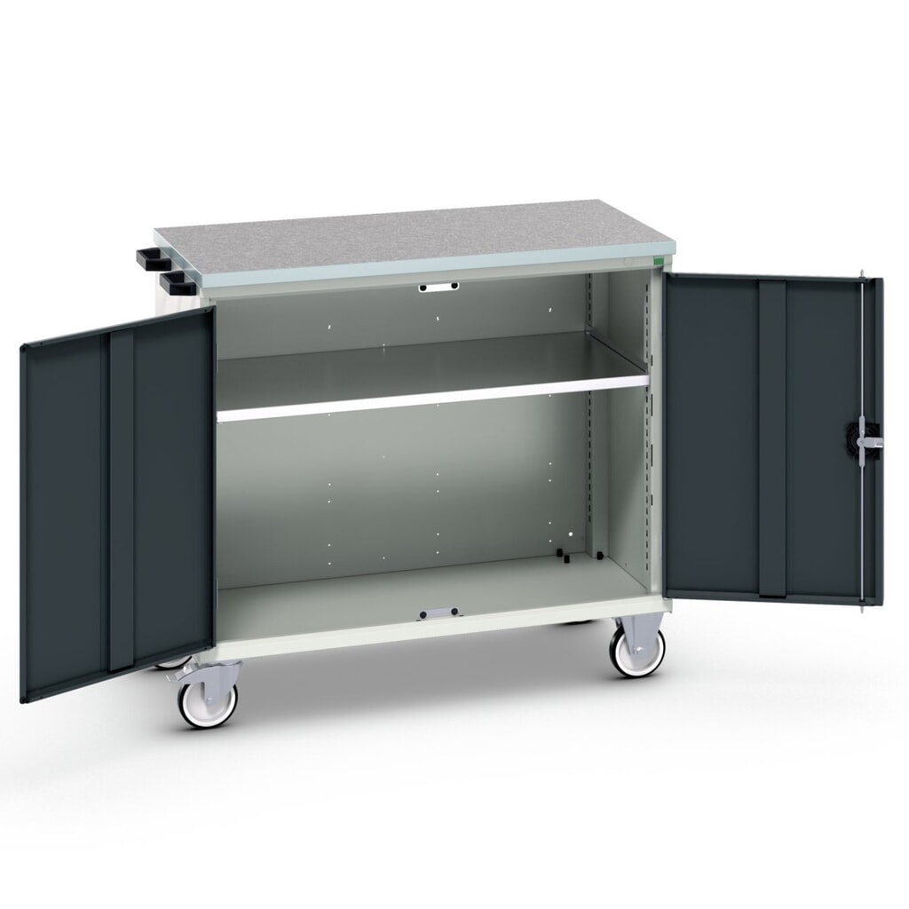 N° de l'image du produit 1 : bott verso Chariot d’atelier, avec 2 portes, tablette et top en linoléum, lxPxH : 1050 x 600 x 980 mm