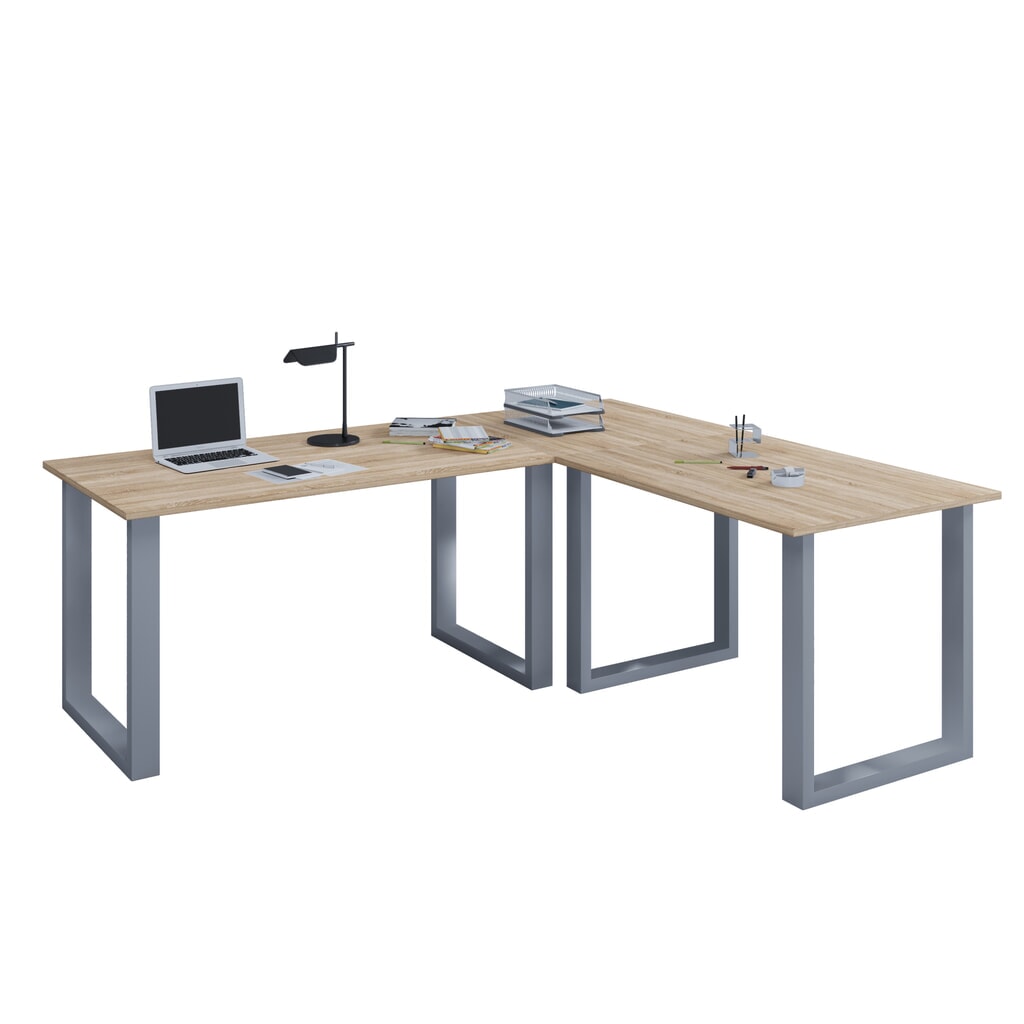 Illustration du produit: Bureau d'angle VCM Lona, piètement en U, plateaux de LxP 1 100 x 800 et 1 100 x 800 mm, chêne Sonoma/argent