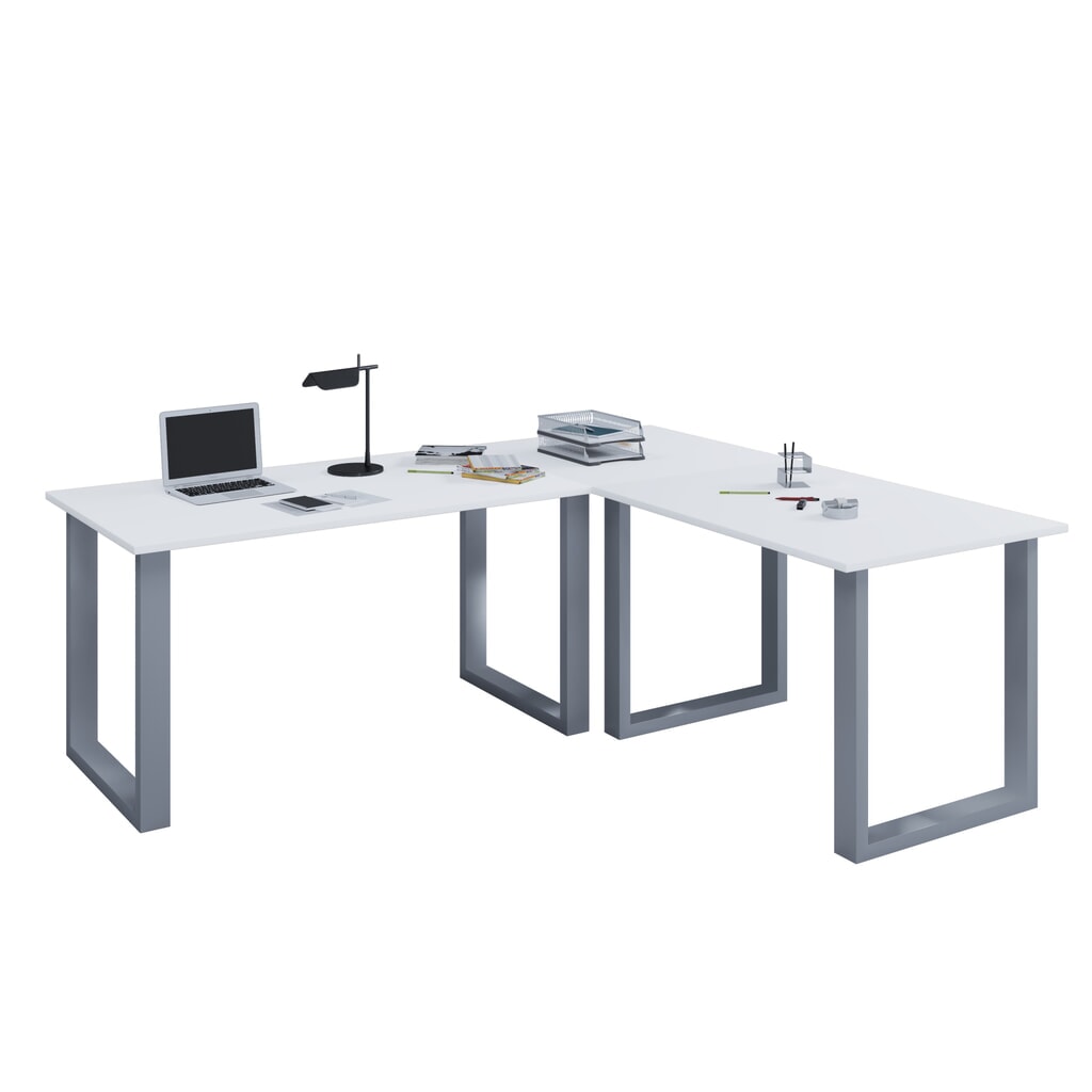 Bureau d'angle VCM Lona, piètement en U, plateaux de LxP 1 400 x 800 et 1 100 x 800 mm, blanc/argent Illustration du produit: Bureau d'angle VCM Lona, piètement en U, plateaux de LxP 1 400 x 800 et 1 100 x 800 mm, blanc/argent