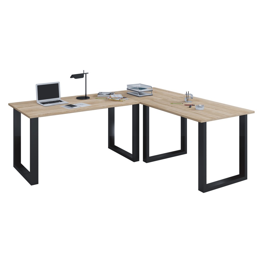 Numéro de l'image du produit 1: Bureau d'angle Lona, plateaux de table LxP 1 400 x 800 et 800 x 800 mm, plaque d'angle LxP 800 x 800 mm, pieds en U, chêne Sonoma/noir