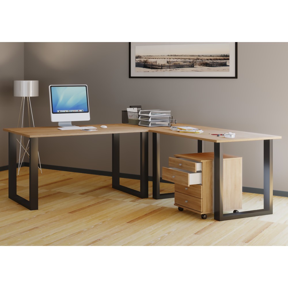 Numéro de l'image du produit 2: Bureau d'angle Lona, plateaux de table LxP 1 400 x 800 et 800 x 800 mm, plaque d'angle LxP 800 x 800 mm, pieds en U, chêne Sonoma/noir