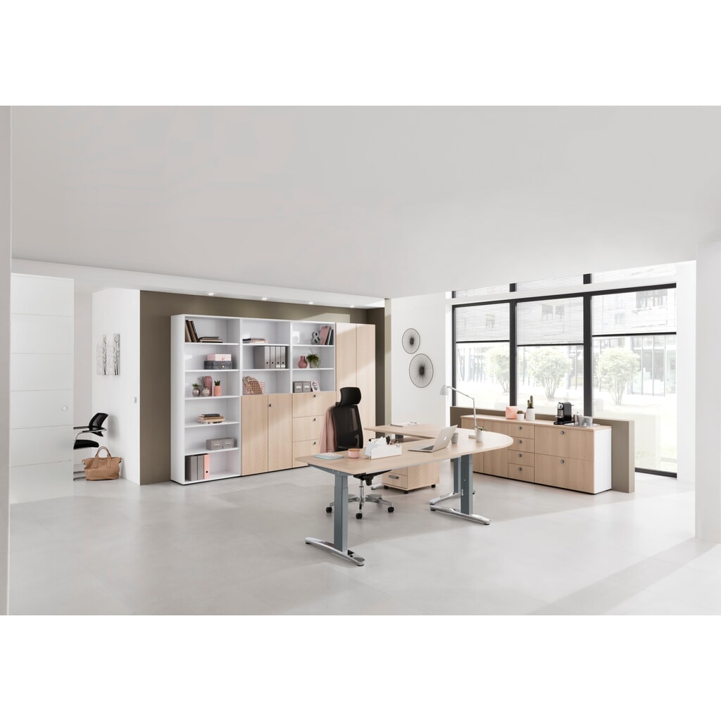 N° de l'image du produit 5 : Bureau Hammerbacher réglable en hauteur manuellement, pied en C, L x P 1 800 x 800 mm, blanc