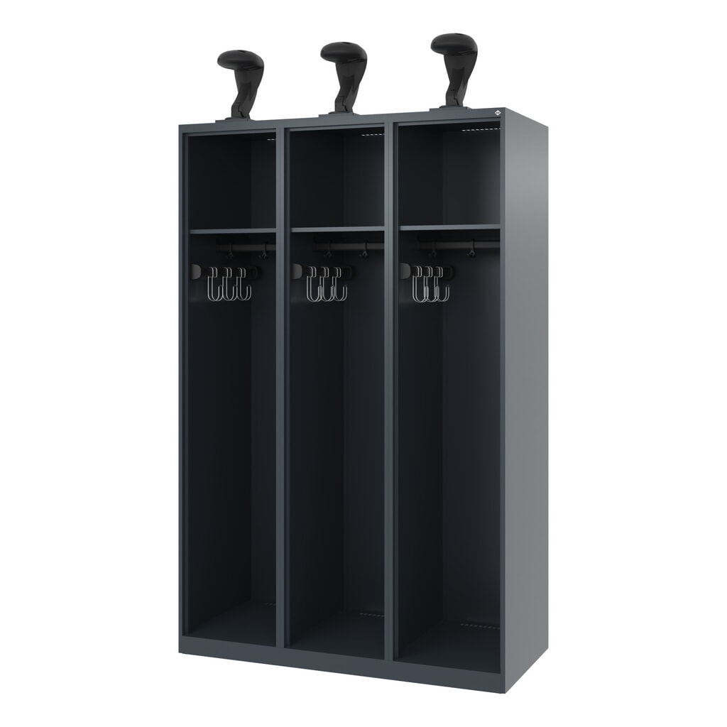 N° de l'image du produit 1 : C+P Vestiaire pompier EXPERT, patins, 3 compartiments, HxlxP 1 850 x 1 200 x 500 mm, gris anthracite, avec support de casque