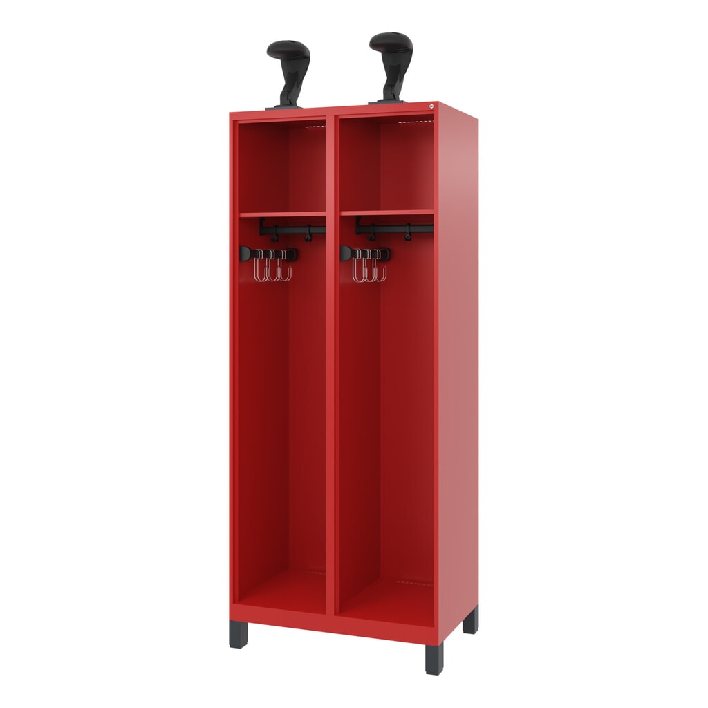 N° de l'image du produit 1 : C+P Vestiaire pompier EXPERT, pieds, 2 compartiments, HxlxP 1 850 x 800 x 500 mm, rouge feu, avec support de casque