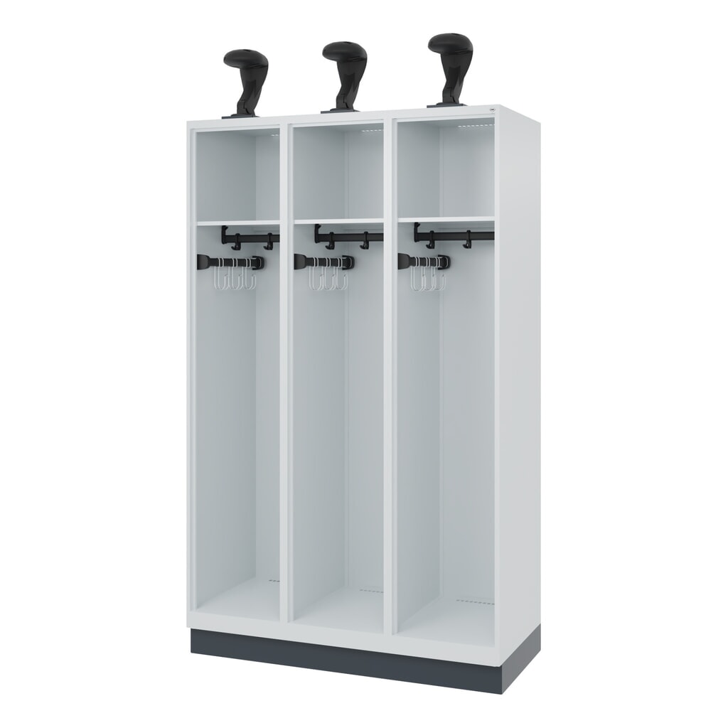 N° de l'image du produit 1 : C+P Vestiaire pompier EXPERT, socle, 3 compartiments, HxlxP 1 850 x 1 200 x 500 mm, gris clair, avec support de casque