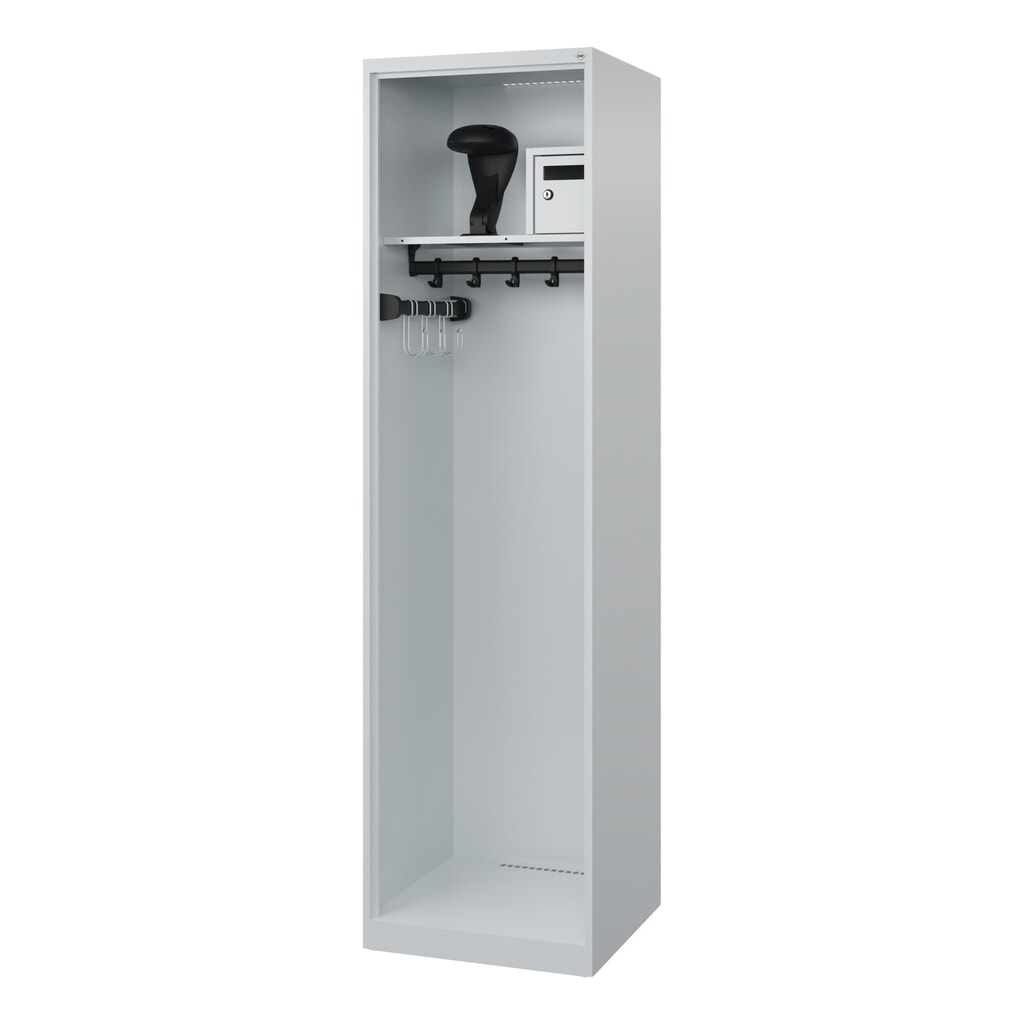 C+P Vestiaire pompier FLEXO, patins, 1 compartiment, HxlxP 1 850 x 500 x 500 mm, gris clair, avec support de casque Illustration du produit: C+P Vestiaire pompier FLEXO, patins, 1 compartiment, HxlxP 1 850 x 500 x 500 mm, gris clair, avec support de casque