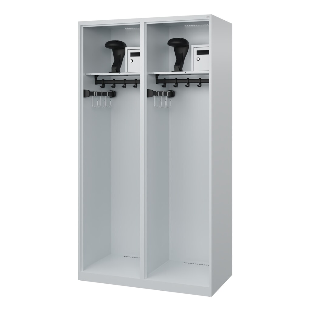 Illustration du produit: C+P Vestiaire pompier FLEXO, patins, 2 compartiments, HxlxP 1 850 x 1 000 x 500 mm, gris clair, avec support de casque