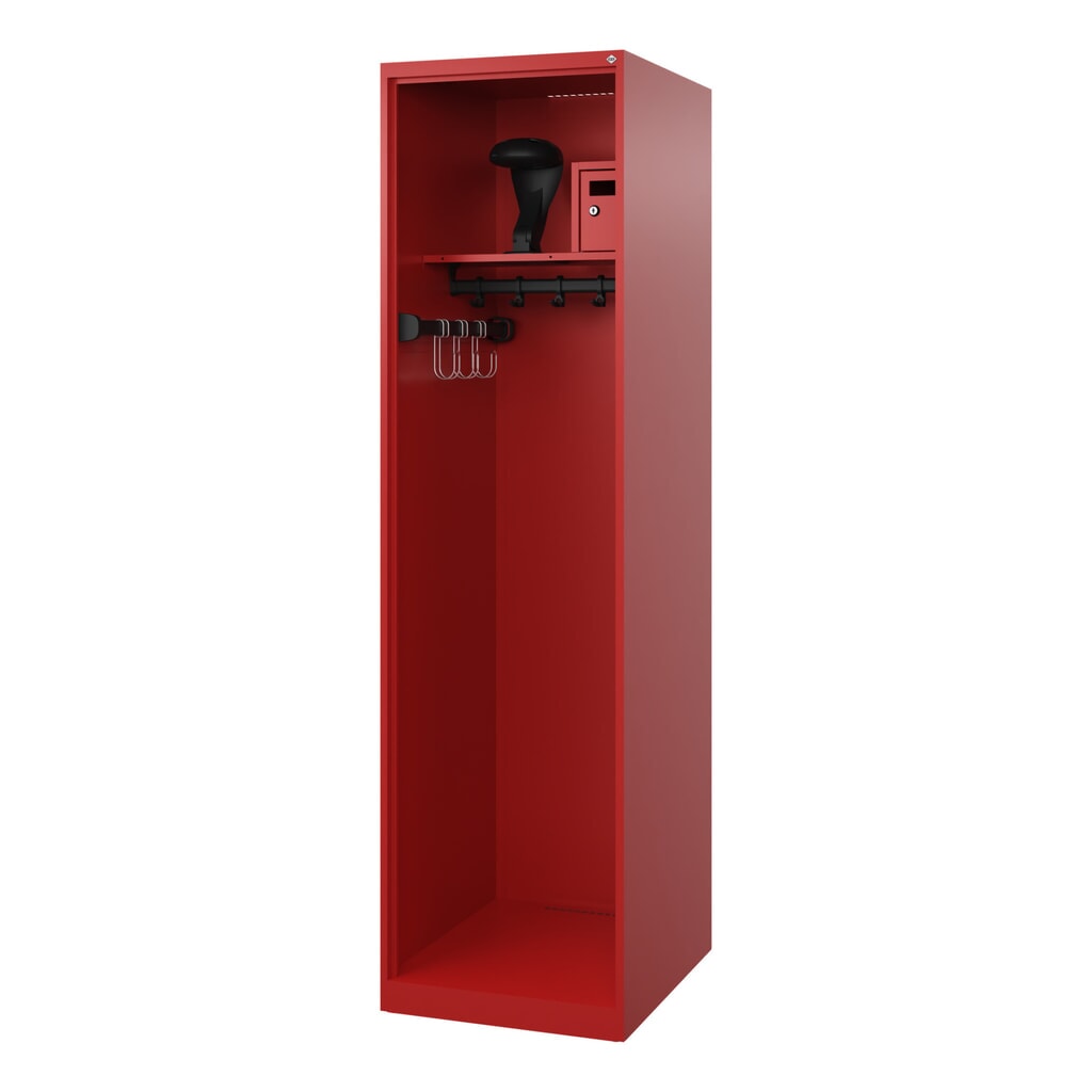 C+P Vestiaire pompier FLEXO, patins, 1 compartiment, HxlxP 1 850 x 500 x 600 mm, rouge feu, avec support de casque N° de l'image du produit 1 : C+P Vestiaire pompier FLEXO, patins, 1 compartiment, HxlxP 1 850 x 500 x 600 mm, rouge feu, avec support de casque