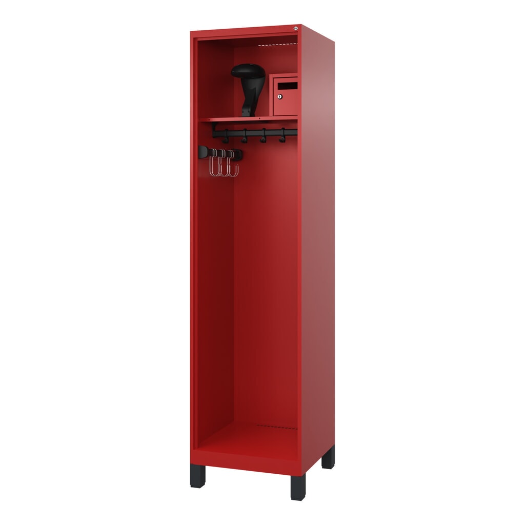 C+P Vestiaire pompier FLEXO, pieds, 1 compartiment, HxlxP 1 850 x 500 x 500 mm, rouge feu, avec support de casque Illustration du produit: C+P Vestiaire pompier FLEXO, pieds, 1 compartiment, HxlxP 1 850 x 500 x 500 mm, rouge feu, avec support de casque