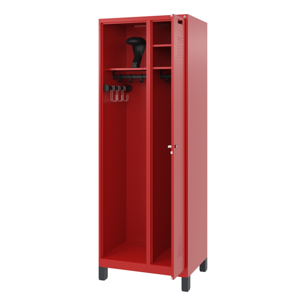 N° de l'image du produit 1 : C+P Vestiaire pompier KOMBI, pieds, 1 compartiment, HxlxP 1 850 x 700 x 500 mm, rouge feu, avec support de casque
