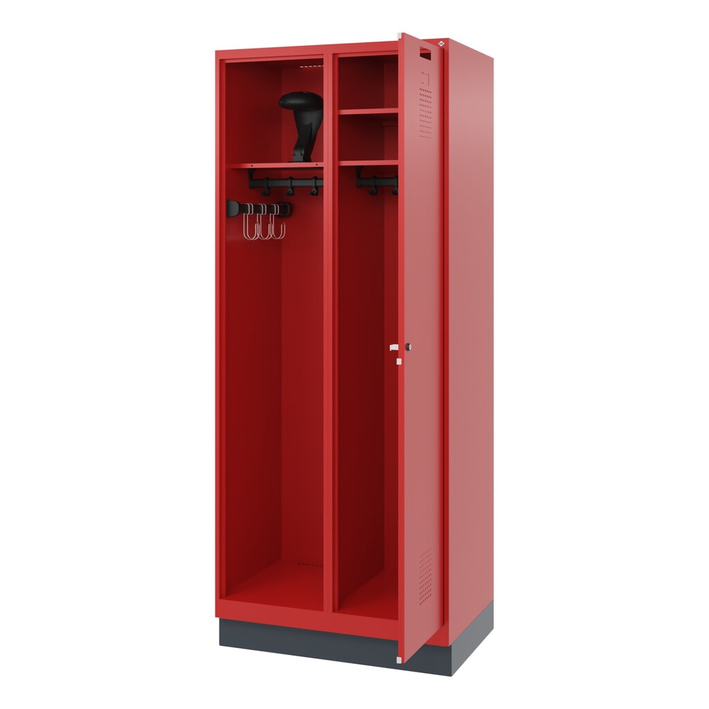 N° de l'image du produit 1 : C+P Vestiaire pompier KOMBI, socle, 1 compartiment, HxlxP 1 850 x 800 x 500 mm, rouge feu, avec support de casque