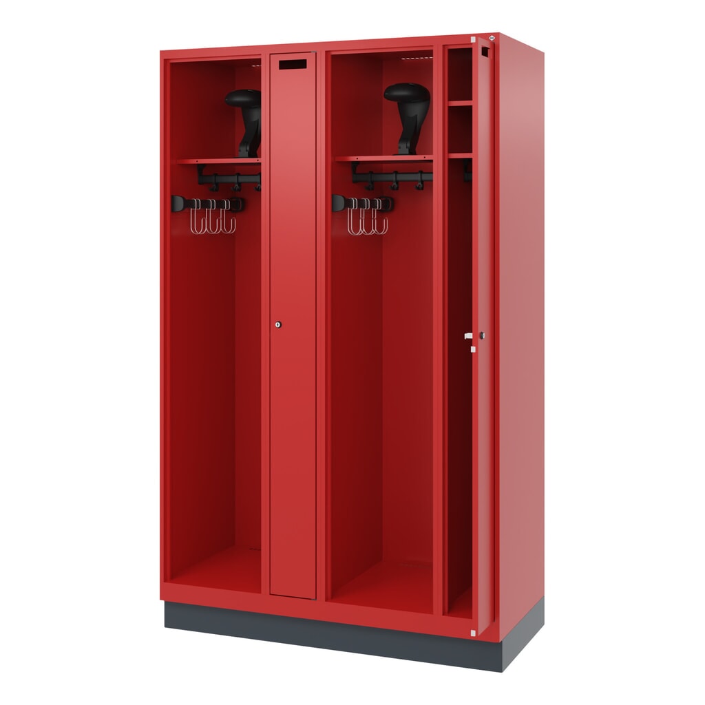 C+P Vestiaire pompier KOMBI, socle, 2 compartiment, HxlxP 1 850 x 1 200 x 500 mm, rouge feu, avec support de casque N° de l'image du produit 1 : C+P Vestiaire pompier KOMBI, socle, 2 compartiment, HxlxP 1 850 x 1 200 x 500 mm, rouge feu, avec support de casque