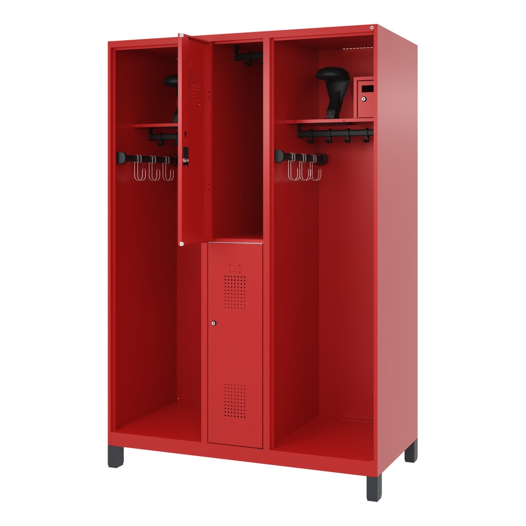 N° de l'image du produit 1 : C+P Vestiaire pompier MAXI, pieds, HxlxP 1 850 x 1 300 x 600 mm, rouge feu, avec support de casque