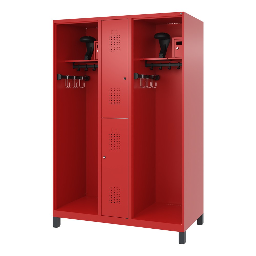 N° de l'image du produit 5 : C+P Vestiaire pompier MAXI, pieds, HxlxP 1 850 x 1 300 x 600 mm, rouge feu, avec support de casque