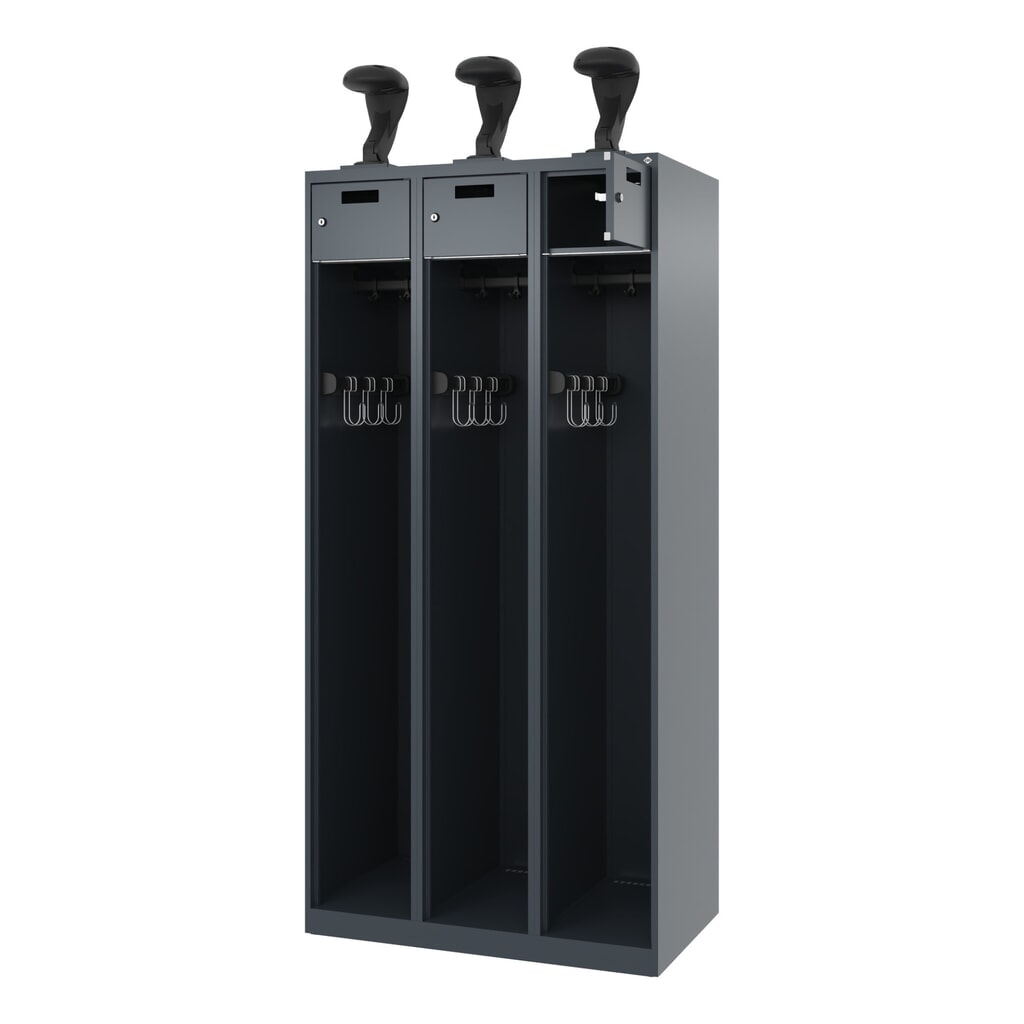 N° de l'image du produit 1 : C+P Vestiaire pompier PRAKTUS, patins, 3 compartiments, HxlxP 1 850 x 900 x 500 mm, gris anthracite, avec support de casque