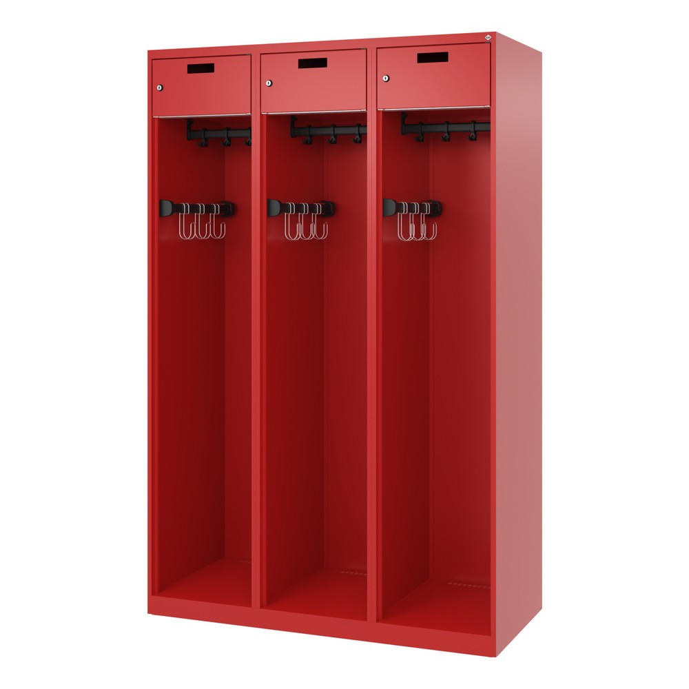 Numéro de l'image du produit 5: C+P Vestiaire pompier PRAKTUS, patins, 3 compartiments, HxlxP 1 850 x 1 200 x 500 mm, rouge feu