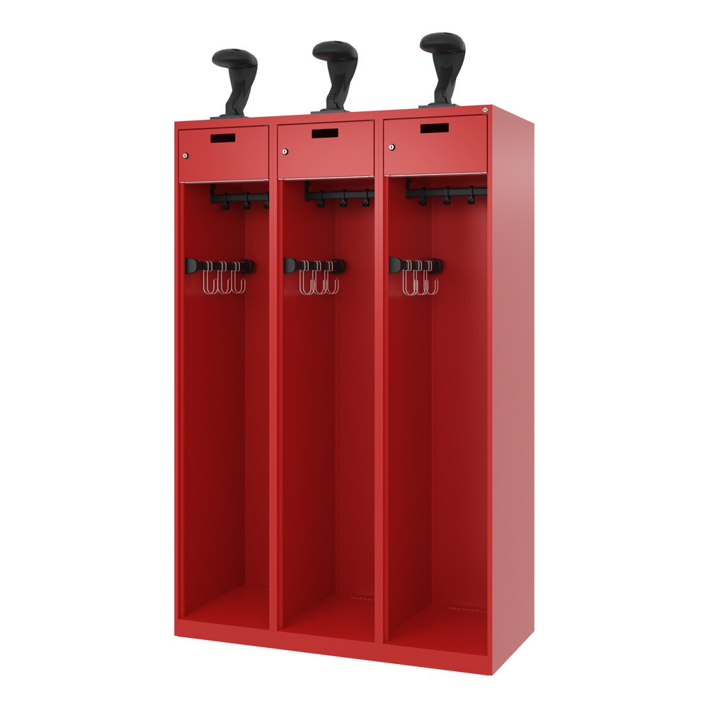 Numéro de l'image du produit 5: C+P Vestiaire pompier PRAKTUS, patins, 3 compartiments, HxlxP 1 850 x 1 200 x 500 mm, rouge feu, avec support de casque