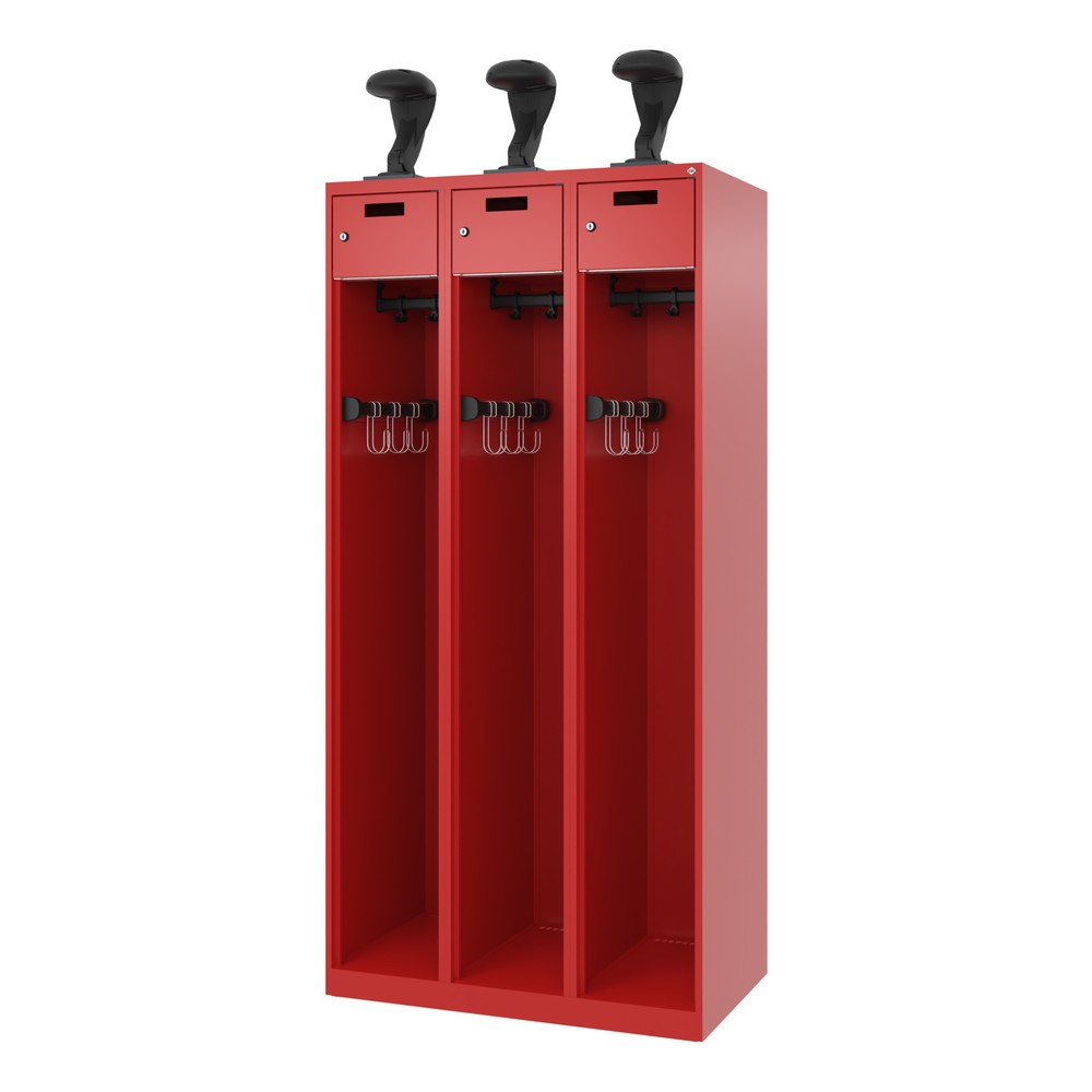 Numéro de l'image du produit 5: C+P Vestiaire pompier PRAKTUS, patins, 3 compartiments, HxlxP 1 850 x 900 x 500 mm, rouge feu, avec support de casque