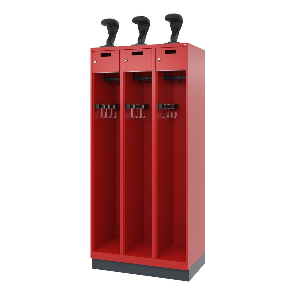 Numéro de l'image du produit 5: C+P Vestiaire pompier PRAKTUS, socle, 3 compartiments, HxlxP 1 850 x 900 x 500 mm, rouge feu, avec support de casque