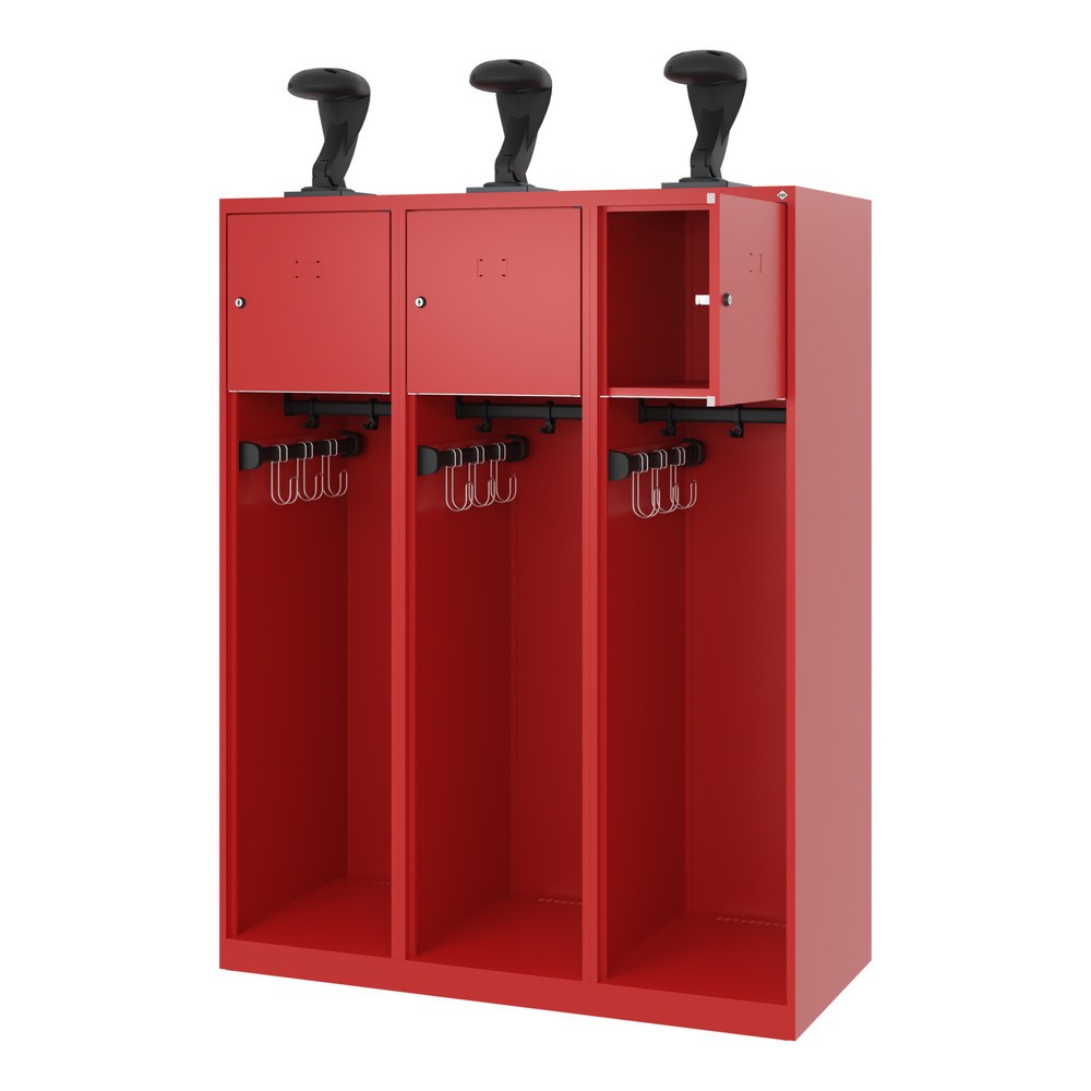 Numéro de l'image du produit 1: C+P Vestiaire pompier YOUNGSTER, patins, 3 compartiments, HxlxP 1 530 x 1 200 x 500 mm, rouge feu, avec support de casque