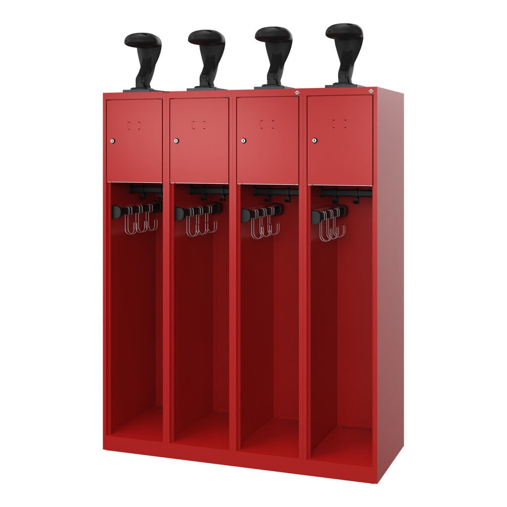 N° de l'image du produit 1 : C+P Vestiaire pompier YOUNGSTER, patins, 4 compartiments, HxlxP 1 530 x 1 200 x 500 mm, rouge feu, avec support de casque