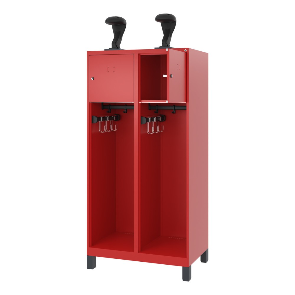 Numéro de l'image du produit 1: C+P Vestiaire pompier YOUNGSTER, pieds, 2 compartiments, HxlxP 1 530 x 800 x 500 mm, rouge feu, avec support de casque