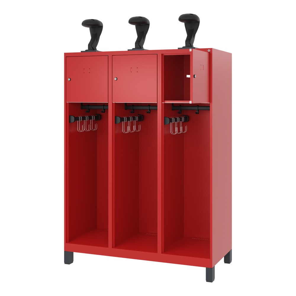 Numéro de l'image du produit 1: C+P Vestiaire pompier YOUNGSTER, pieds, 3 compartiments, HxlxP 1 530 x 1 200 x 500 mm, rouge feu, avec support de casque