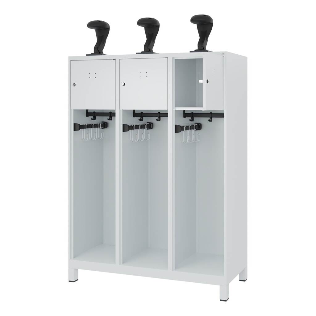 N° de l'image du produit 1 : C+P Vestiaire pompier YOUNGSTER, pieds, 3 compartiments, HxlxP 1 530 x 1 200 x 500 mm, gris clair, avec support de casque