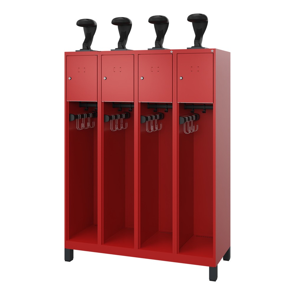 Numéro de l'image du produit 1: C+P Vestiaire pompier YOUNGSTER, pieds, 4 compartiments, HxlxP 1 530 x 1 200 x 500 mm, rouge feu, avec support de casque