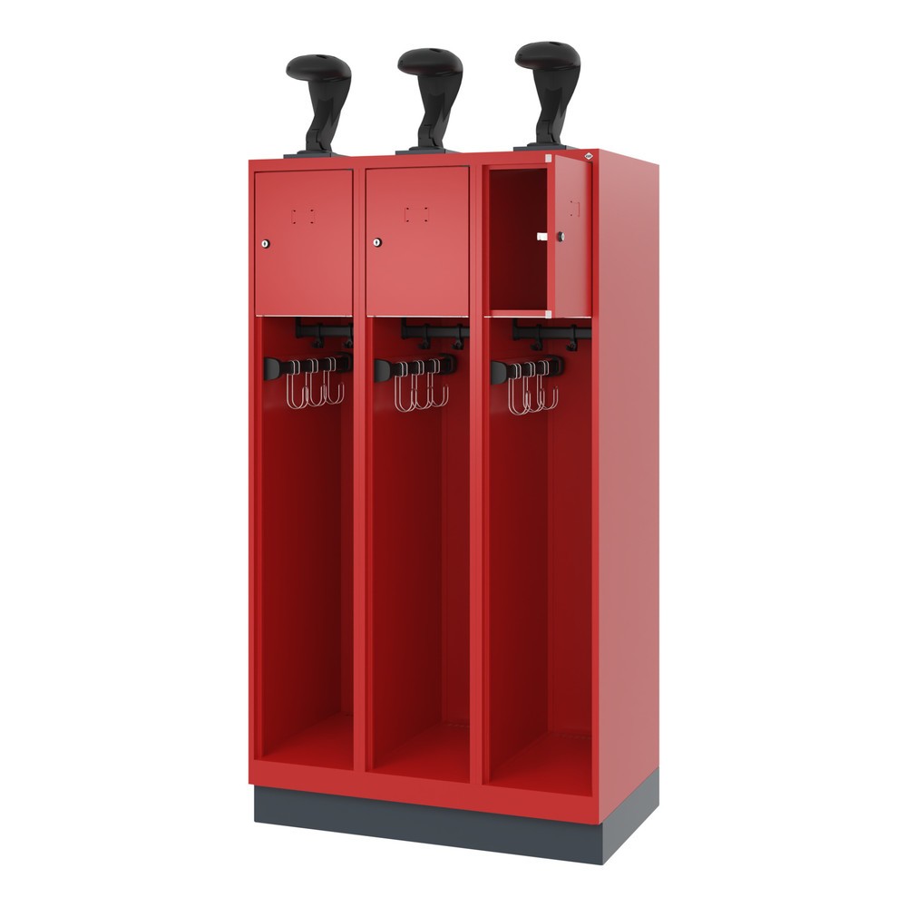 Numéro de l'image du produit 1: C+P Vestiaire pompier YOUNGSTER, socle, 3 compartiments, HxlxP 1 530 x 900 x 500 mm, rouge feu, avec support de casque