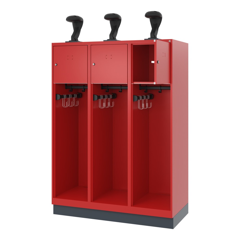 Numéro de l'image du produit 1: C+P Vestiaire pompier YOUNGSTER, socle, 3 compartiments, HxlxP 1 530 x 1 200 x 500 mm, rouge feu, avec support de casque