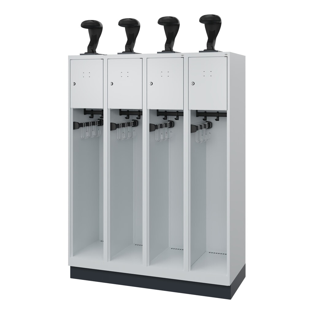 N° de l'image du produit 1 : C+P Vestiaire pompier YOUNGSTER, socle, 4 compartiments, HxlxP 1 530 x 1 200 x 500 mm, gris clair, avec support de casque