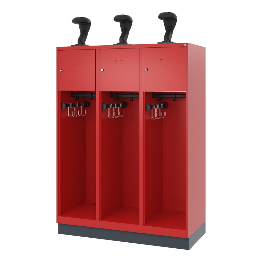 Numéro de l'image du produit 5: C+P Vestiaire pompier YOUNGSTER, socle, 3 compartiments, HxlxP 1 530 x 1 200 x 500 mm, rouge feu, avec support de casque