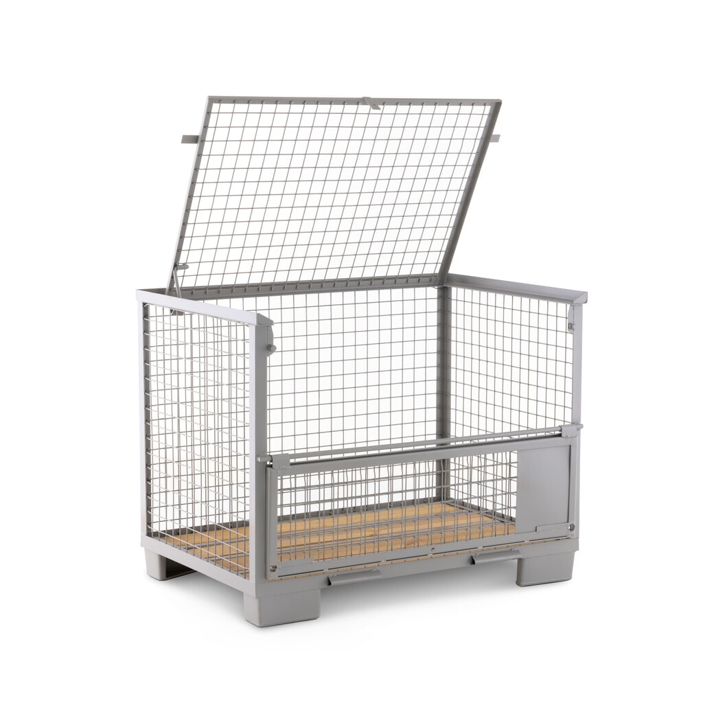 N° de l'image du produit 5 : Caisse grillagée Euro HEMMDAL avec paroi longitudinale semi-rabattable et couvercle, H x l x P 970 x 1 240 x 835 mm, gris pierre