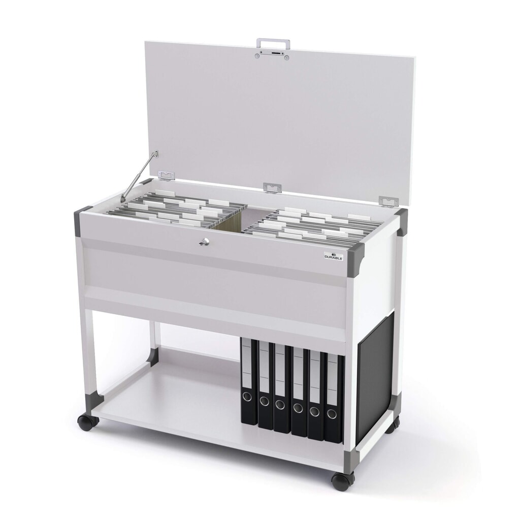 Chariot à dossiers suspendus pour 100 dossiers + stockage de classeurs, gris, verrouillable Illustration du produit: Chariot à dossiers suspendus pour 100 dossiers + stockage de classeurs, gris, verrouillable