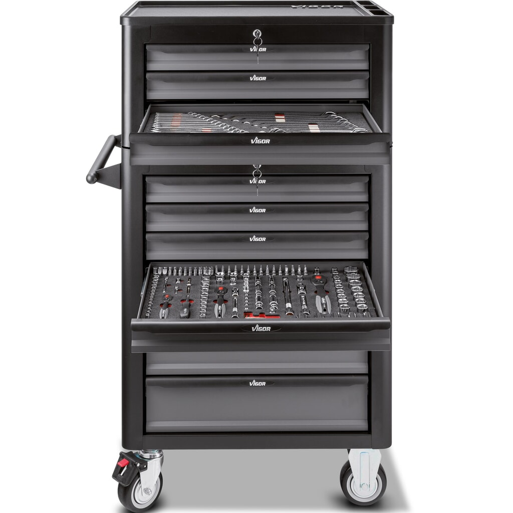N° de l'image du produit 2 : Chariot à outils VIGOR® 1000, 7 + 3 tiroirs + coffret de réhausse, assortiment d'outils avec 344 pièces inclus