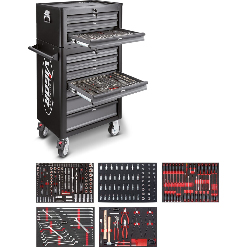 Illustration du produit: Chariot à outils VIGOR® 1000, 7 + 3 tiroirs + coffret de réhausse, assortiment d'outils avec 344 pièces inclus