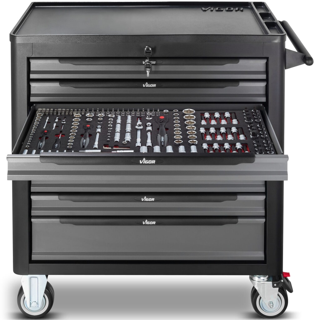 N° de l'image du produit 2 : Chariot à outils VIGOR® 1000 XL, 8 tiroirs, assortiment d'outils avec 505 pièces inclus