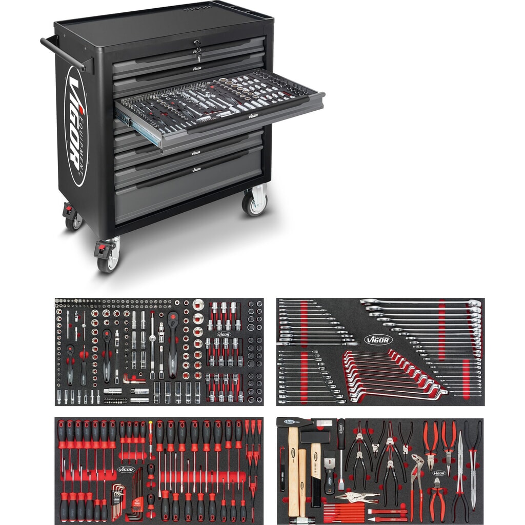 Chariot à outils VIGOR® 1000 XL, 8 tiroirs, assortiment d'outils avec 375 pièces inclus Illustration du produit: Chariot à outils VIGOR® 1000 XL, 8 tiroirs, assortiment d'outils avec 375 pièces inclus
