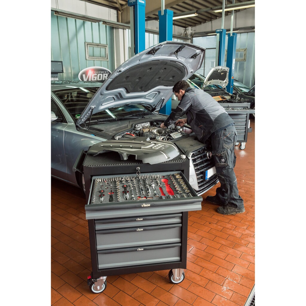 N° de l'image du produit 3 : Chariot à outils VIGOR® 500N, 7 tiroirs, assortiment d'outils avec 163 pièces inclus