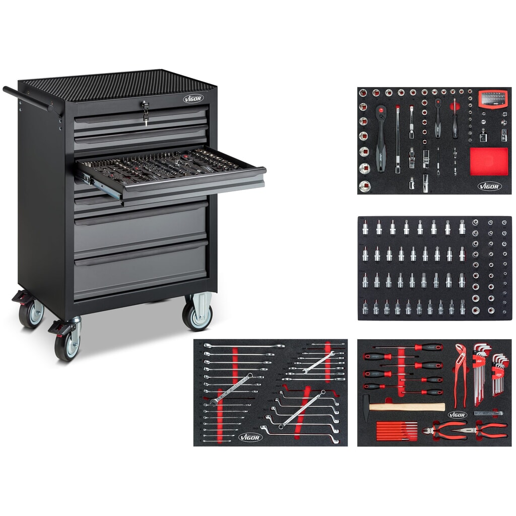 Chariot à outils VIGOR® 500N, 7 tiroirs, assortiment d'outils avec 227 pièces inclus Illustration du produit: Chariot à outils VIGOR® 500N, 7 tiroirs, assortiment d'outils avec 227 pièces inclus
