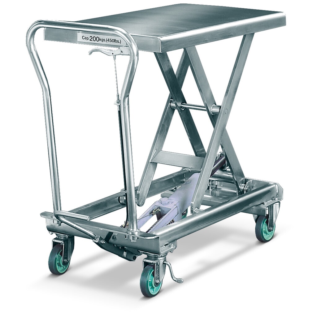 Chariot à table élévatrice à ciseaux en acier inoxydable Bishamon®, capacité de charge 150 kg, 700 x 450 mm Illustration du produit: Chariot à table élévatrice à ciseaux en acier inoxydable Bishamon®, capacité de charge 150 kg, 700 x 450 mm