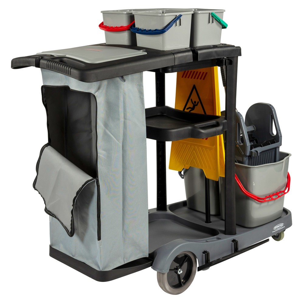 Numéro de l'image du produit 6: Chariot de ménage kit 3, 2 seaux de 17 litres + 4 de 4 litres, balai à franges avec serpillère Premium 400 mm, support d’avertissement