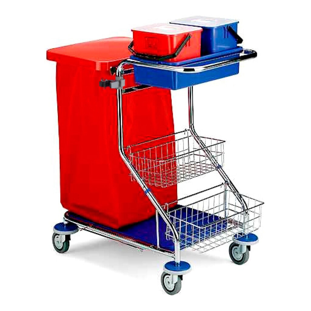 Chariot de ménage Chrome I, 2x 6 litres, 2 paniers à ustensiles, support pour manche, cadre support pour sac poubelle de 120 litres, bac de récupération Illustration du produit: Chariot de ménage Chrome I, 2x 6 litres, 2 paniers à ustensiles, support pour manche, cadre support pour sac poubelle de 120 litres, bac de récupération
