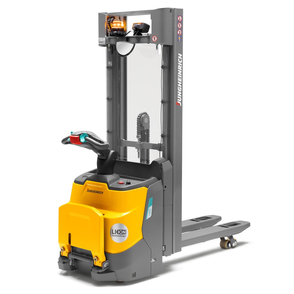 N° de l'image du produit 1 : Gerbeur électrique Jungheinrich ERC 110zi DZ avec plateforme de conduite, mât télescopique triple, hauteur de levage 4 300 mm, capacité de charge 1 000 kg, hydraulique proportionnelle
