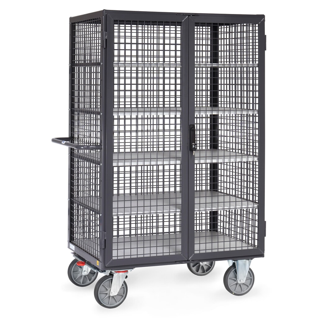 Illustration du produit: Chariot fermé tôlé ESD fetra®, capacité de charge de 750 kg, ridelles grillagées, porte à double battant, 5 étagères de 1 000 x 680 mm