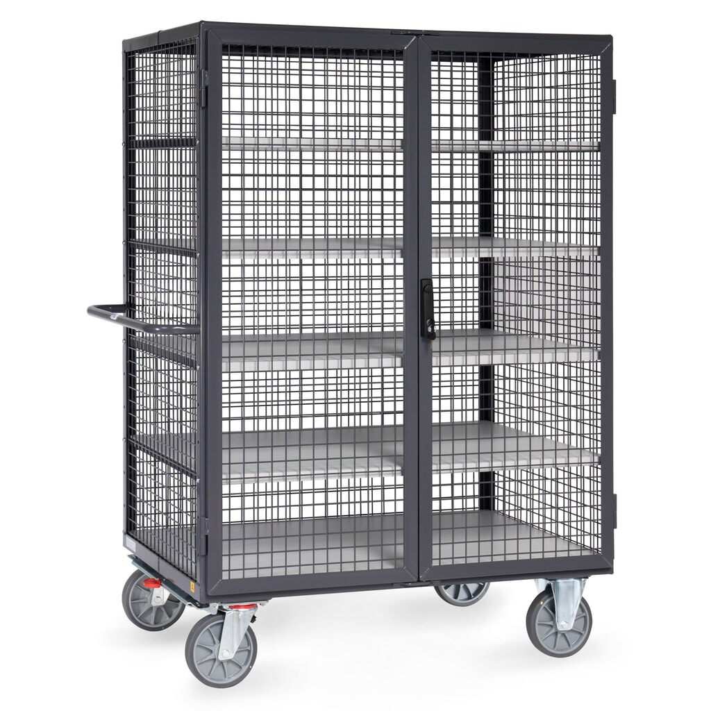 Chariot fermé tôlé ESD fetra®, capacité de charge de 750 kg, ridelles grillagées, porte à double battant, 5 étagères de 1 200 x 780 mm Illustration du produit: Chariot fermé tôlé ESD fetra®, capacité de charge de 750 kg, ridelles grillagées, porte à double battant, 5 étagères de 1 200 x 780 mm