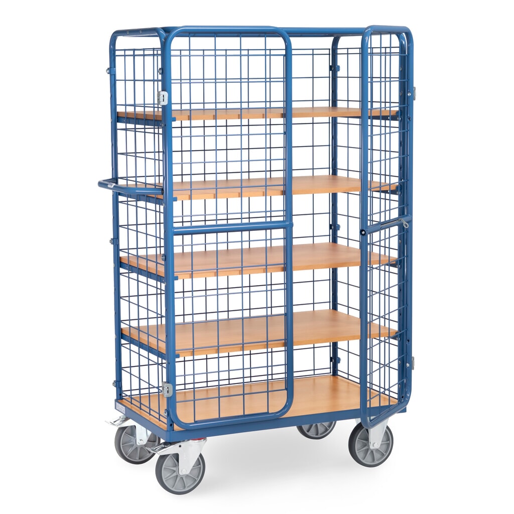Illustration du produit: Chariot fermé tôlé fetra®, capacité de charge de 600 kg, ridelles grillagées, porte à double battant, 5 étagères de 1 000 x 600 mm