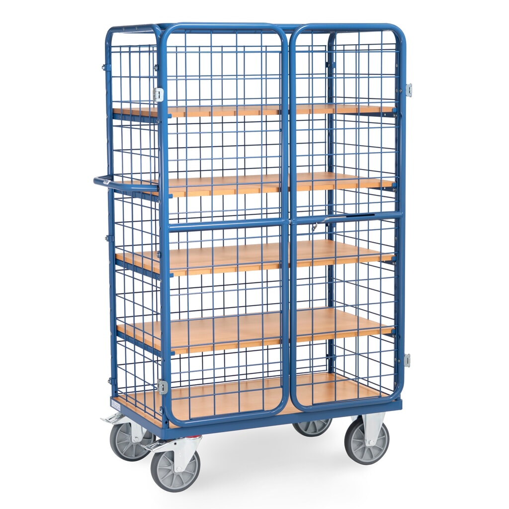 N° de l'image du produit 3 : Chariot fermé tôlé fetra®, capacité de charge de 600 kg, ridelles grillagées, porte à double battant, 5 étagères de 1 000 x 600 mm